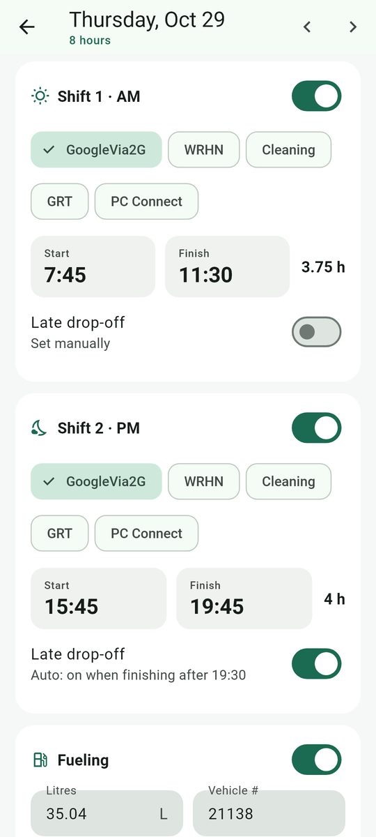 Day editor with two shifts, route chips, start and finish times, and late drop-off switches