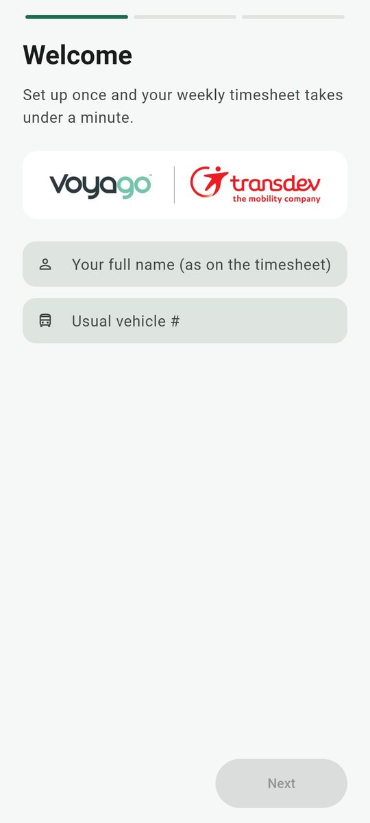 Welcome screen asking for your full name and usual vehicle number