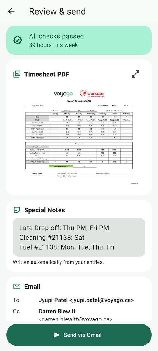 Review and send screen with checks passed, the timesheet PDF preview, special notes and the email