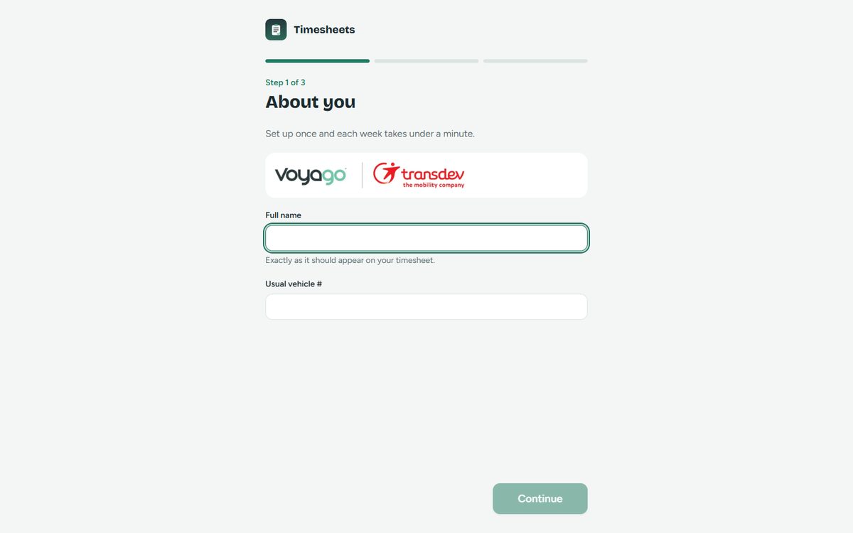 Setup screen asking for your full name and usual vehicle number