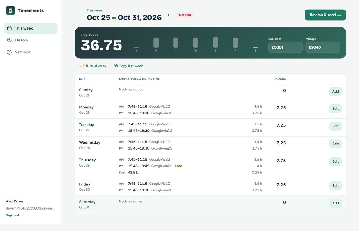 This week page on a computer: total hours, vehicle and mileage, and a table of the seven days